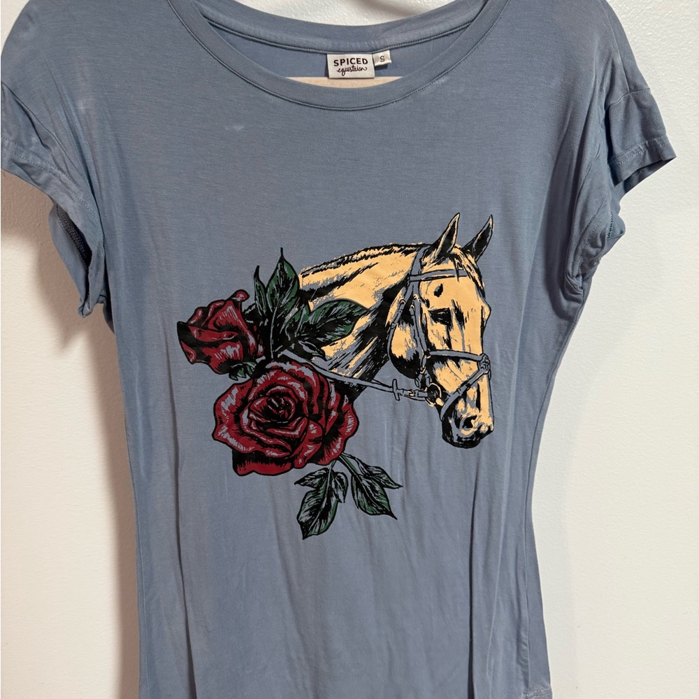 Equestrian Blue Tee with Rose Design